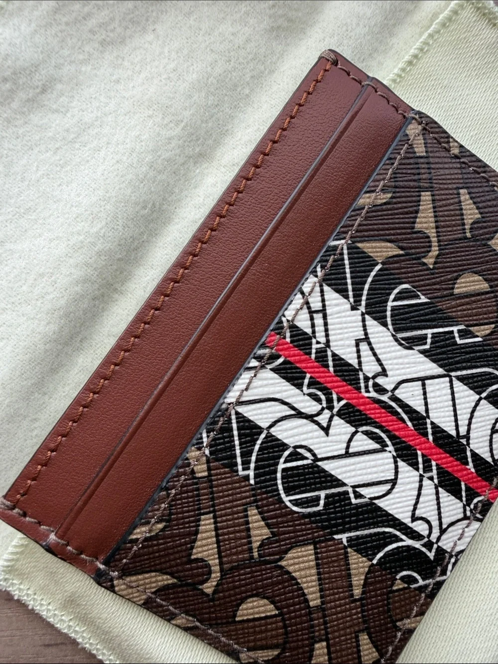 NWOT Burberry TB Brown Monogram Card Holder with Red Stripe